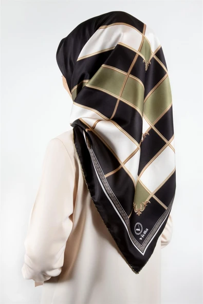 Twill Gold Detaylı Kareli Desenli Haki Renkli 90x90 Eşarp (İpek İçermez) Kenar Dikiş Şekli El Dikişli ürün görseli