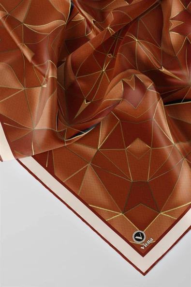 Twill Geometrik Desenli Taba Renkli 90x90 Eşarp (İpek İçermez) Kenar Dikiş Şekli El Dikişli - Resim 3