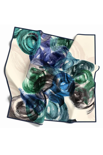 Twill Fırça Efektli Desenli Lacivert Renkli 90x90 Eşarp (İpek İçermez) Kenar Dikiş Şekli El Dikişli - Resim 2