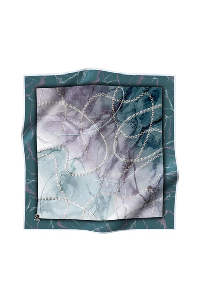 Twill Mermer ve Zincir Desenli Petrol Yeşili Renkli 90x90 Eşarp (İpek İçermez) Kenar Dikiş Şekli El Dikişli - Resim 2