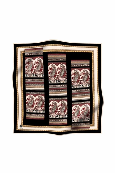 Twill Şal Desenli Siyah Renkli 90x90 Eşarp (İpek İçermez) Kenar Dikiş Şekli El Dikişli - Resim 2