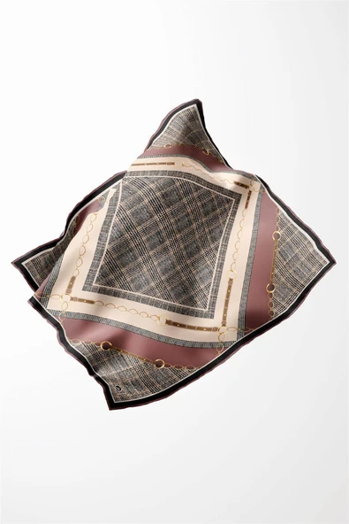 Twill Kemer ve Zincir Detaylı Ekose Desenli Gül Kurusu Renkli 90x90 Eşarp (İpek İçermez) Kenar Dikiş Şekli El Dikişli - Resim 4