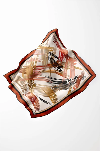 Twill Geometrik Desenli Taba Renkli 90x90 Eşarp (İpek İçermez) Kenar Dikiş Şekli El Dikişli - Resim 3