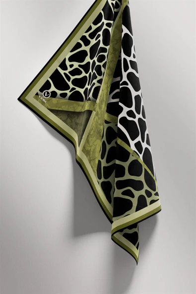 Twill Taş Desenli Haki Yeşili Renkli 90x90 Eşarp (İpek İçermez)Kenar Dikiş Şekli El Dikişli - Resim 5