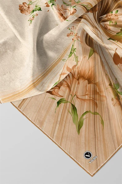 Twill Çiçekli Desenli Hardal Renkli 90x90 Eşarp (İpek İçermez) Kenar Dikiş Şekli El Dikişli - Resim 2