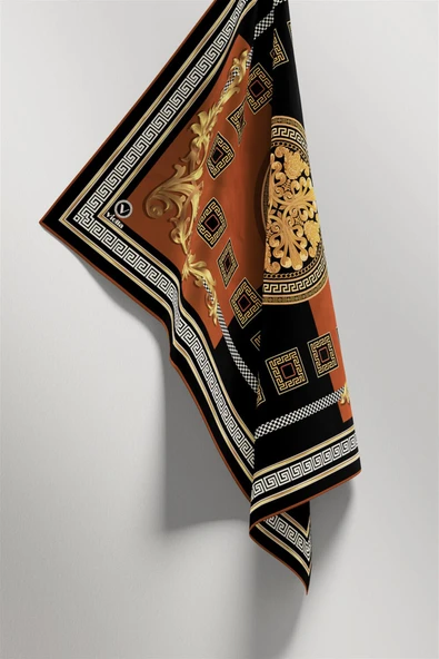 Twill Barok Desenli Taba Renkli 90x90 Eşarp (İpek İçermez) Kenar Dikiş Şekli El Dikişli - Resim 4