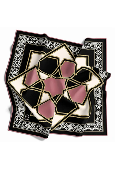 Twill Osmanlı Çini Desenli Pudra Renkli 90x90 Eşarp (İpek İçermez)Kenar Dikiş Şekli El Dikişli - Resim 2