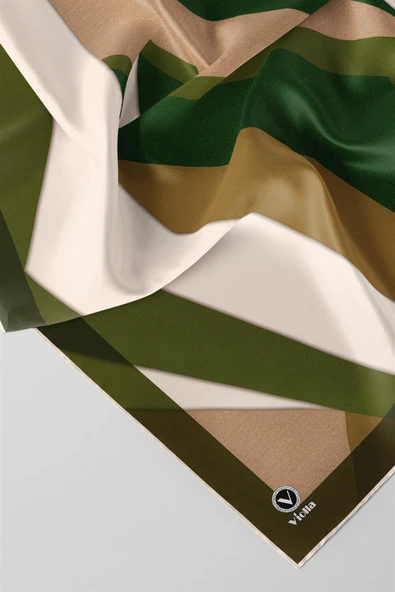 Twill Geometrik Desenli Haki Renkli 90x90 Eşarp (İpek İçermez) Dikim Şekli : El Dikişi - Resim 2