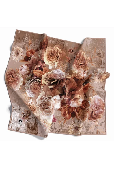 Rayon Büyük Çiçek Desenli Taba Renkli 90x90 Eşarp (İpek İçermez) Kenar Dikiş Şekli El Dikişli ürün görseli 1