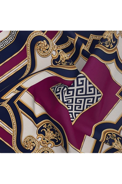 %100 Twill İpek Barok Desenli Mürdüm - Lacivert Renkli 90x90 Eşarp Dikim Şekli : El Dikişi - Resim 6