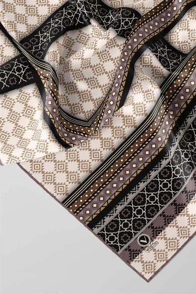 Twill Etnik Desenli Taş Renkli 90x90 Eşarp (İpek İçermez) Kenar Dikiş Şekli El Dikişli - Resim 2