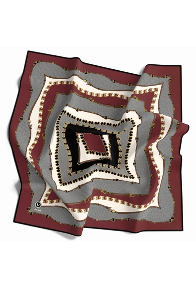 Twill Bordürlü ve Zincir Desenli Gül Kurusu Renkli 90x90 Eşarp (İpek İçermez) Kenar Dikiş Şekli El Dikişli ürün görseli