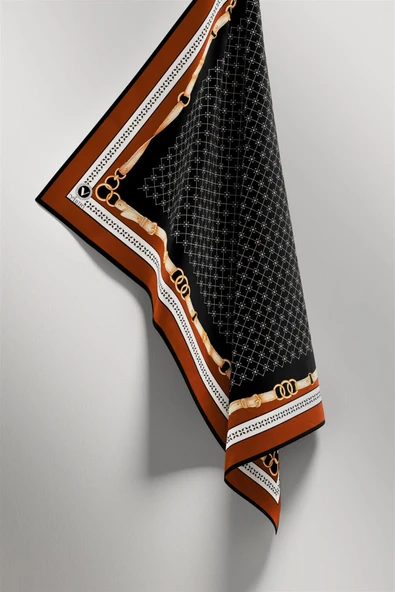 Twill Kemerli ve Çıtır Motifli Desenli Taba Renkli 90x90 Eşarp (İpek İçermez) Dikim Şekli : El Dikişi - Resim 4