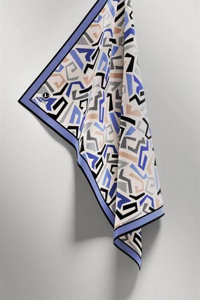 Twill Geometrik Desenli Bebe Mavisi Renkli 90x90 Eşarp (İpek İçermez) Kenar Dikiş Şekli El Dikişli - Resim 4