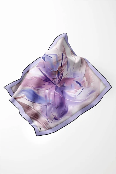 Twill Çiçek Tablo Desenli Lila Renkli 90x90 Eşarp (İpek İçermez) Kenar Dikiş Şekli El Dikişli - Resim 3