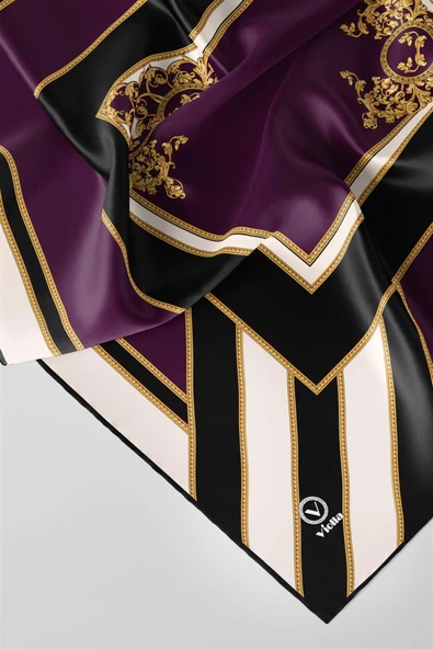 Twill Barok Desenli Mürdüm - Siyah Renkli 90x90 Eşarp (İpek İçermez) Dikim Şekli : El Dikişi ürün görseli