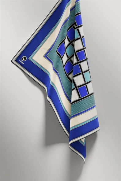 Twill Kare Desenli Saks - Su Yeşili  Renkli 90x90 Dikim Şekli : El Dikişi Eşarp (İpek İçermez) - Resim 3