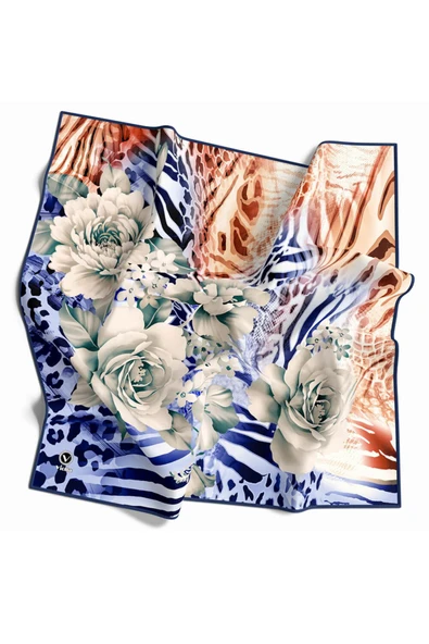 Twill Renkli Şerit Desenli İndigo - Taba  Renkli 90x90 Eşarp (İpek İçermez) Kenar Dikiş Şekli El Dikişli ürün görseli