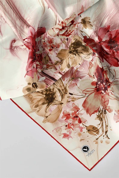 Twill Çiçek Desenli Bordo Renkli 90x90 Eşarp (İpek İçermez) Kenar Dikiş Şekli El Dikişli - Resim 2