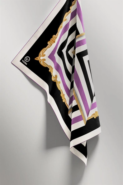 Twill Geometrik Desenli Lila Renkli 90x90 Eşarp (İpek İçermez) Kenar Dikiş Şekli El Dikişli - Resim 4