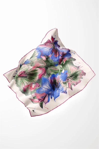 Twill Çiçek Desenli Pembe - Saks Renkli 90x90 Eşarp (İpek İçermez) Kenar Dikiş Şekli El Dikişli - Resim 3