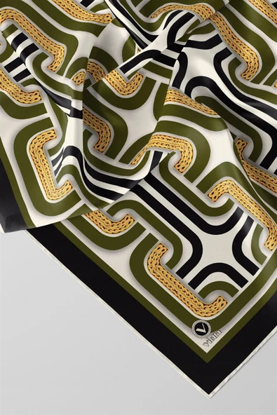 Twill Geometrik Zincir Desenli Haki Renkli 90x90 Eşarp (İpek İçermez) Kenar Dikiş Şekli El Dikişli - Resim 3