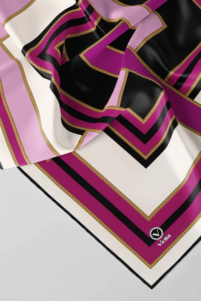 Twill Çerçeve Desenli Mürdüm - Siyah Renkli 90x90 Eşarp (İpek İçermez) Kenar Dikiş Şekli El Dikişli - Resim 3