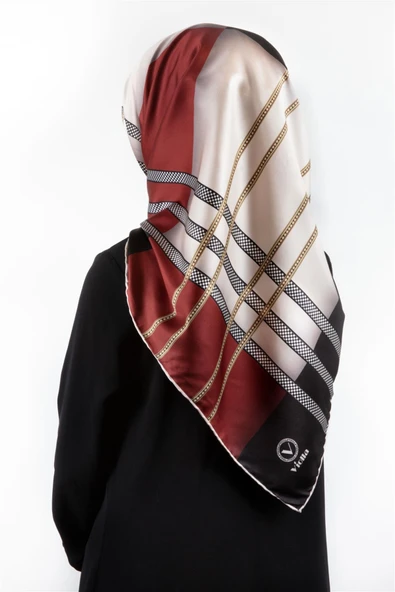 Twill Geometrik Desenli Siyah - Bordo Renkli 90x90 Eşarp (İpek İçermez) Kenar Dikiş Şekli El Dikişli ürün görseli
