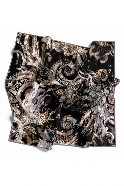 Twill Şal Desenli Gri Renkli 90x90 Eşarp (İpek İçermez) Kenar Dikiş Şekli El Dikişli ürün görseli