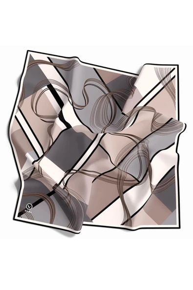 Twill Geometrik Desenli Gri - Bej Renkli 90x90 Eşarp (İpek İçermez) Dikim Şekli : El Dikişi - Resim 2