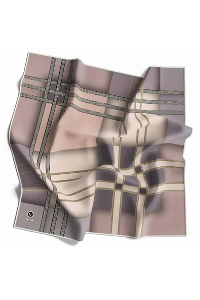 Twill Geometrik Desenli Bej Renkli 90x90 Eşarp (İpek İçermez) Kenar Dikiş Şekli El Dikişli - Resim 2