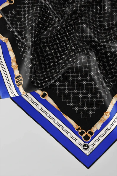 Twill Kemerli ve Çıtır Motifli Desenli Saks Renkli 90x90 Eşarp (İpek İçermez) Dikim Şekli : El Dikişi - Resim 2