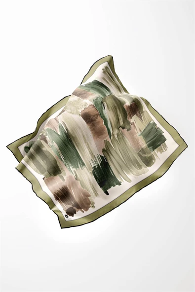 Twill Fırça Darbesi Desenli Haki Renkli 90x90 Eşarp (İpek İçermez) Kenar Dikiş Şekli El Dikişli - Resim 3