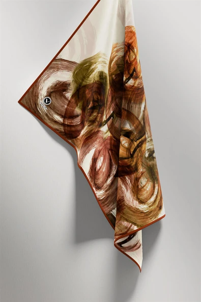 Twill Fırça Efektli Desenli Taba Renkli 90x90 Eşarp (İpek İçermez) Kenar Dikiş Şekli El Dikişli - Resim 5