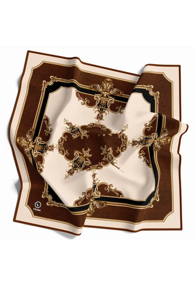 Twill Barok Desenli Taba Renkli 90x90 Eşarp (İpek İçermez) Dikim Şekli : El Dikişi - Resim 2