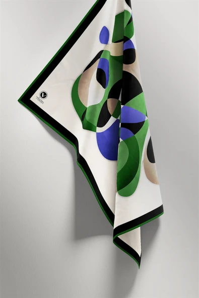 Twill Geometrik Desenli Zümrüt Yeşili - Saks Renkli 90x90 Eşarp (İpek İçermez) Kenar Dikiş Şekli El Dikişli - Resim 4