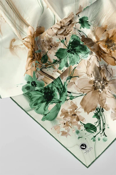 Twill Çiçek Desenli Petrol Yeşili Renkli 90x90 Eşarp (İpek İçermez) Kenar Dikiş Şekli El Dikişli - Resim 2