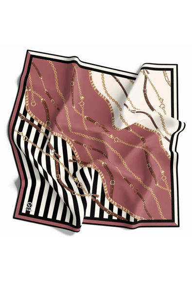 Twill Çizgili Zincir ve Kemer Desenli Pudra Renkli 90x90 Eşarp (İpek İçermez) Kenar Dikiş Şekli El Dikişli ürün görseli 1