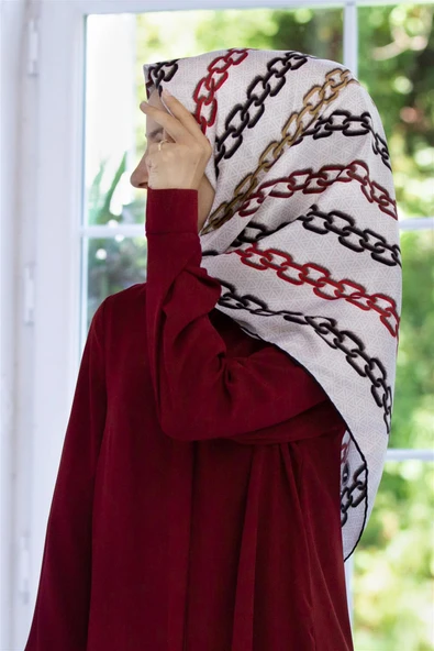 Twill Zincir Desenli Krem - Bordo Renkli 90x90 Eşarp (İpek İçermez) Kenar Dikiş Şekli El Dikişli ürün görseli