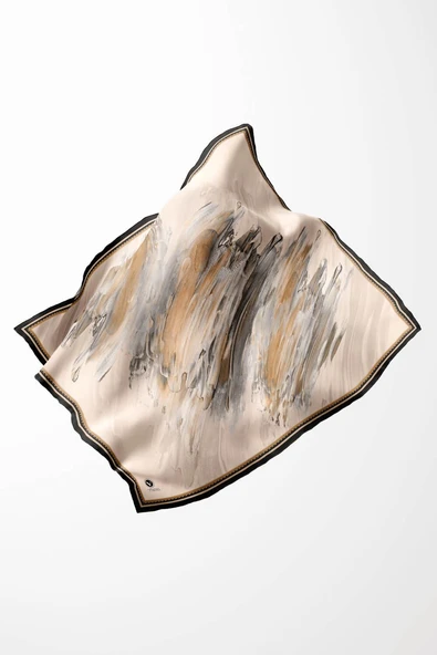 Twill Fırça Darbesi Desenli Bej Renkli 90x90 Eşarp (İpek İçermez) Dikim Şekli : El Dikişi - Resim 3