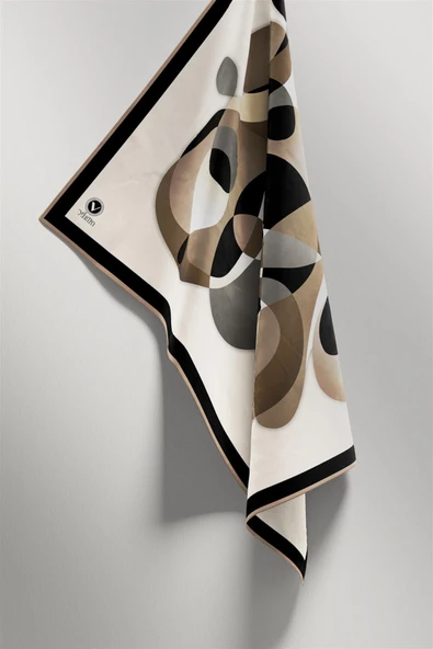 Twill Geometrik Desenli Bej Renkli 90x90 Eşarp (İpek İçermez) Kenar Dikiş Şekli El Dikişli - Resim 4