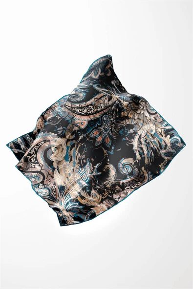 Twill Şal Desenli Petrol Yeşili Renkli 90x90 Eşarp (İpek İçermez) Kenar Dikiş Şekli El Dikişli - Resim 3