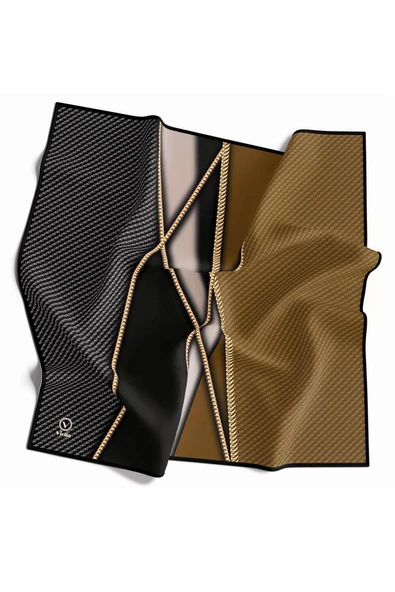 Rayon Gold Detaylı Geometrik Desenli Hardal Renkli 90x90 Eşarp (İpek İçermez) Kenar Dikiş Şekli El Dikişli - Resim 2