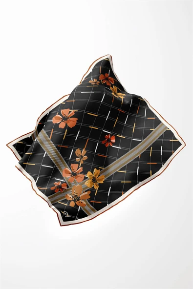 Twill Papatya Desenli Taba Renkli 90x90 Eşarp (İpek İçermez) Kenar Dikiş Şekli El Dikişli - Resim 4