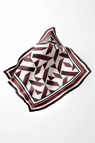 Twill Geometrik Desenli Şarabi Renkli 90x90 Eşarp (İpek İçermez) Kenar Dikiş Şekli El Dikişli - Resim 4