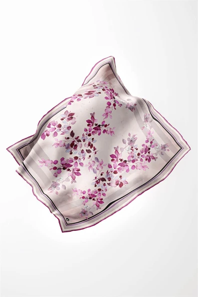 Twill Çiçek Desenli Mürdüm Renkli 90x90 Eşarp (İpek İçermez) Kenar Dikiş Şekli El Dikişli - Resim 3