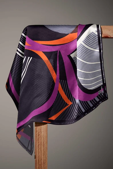 %100 Twill İpek Çizgili Geometrik Desenli Siyah - Gri Renkli 90x90 Eşarp Dikim Şekli : El Dikişi - Resim 4