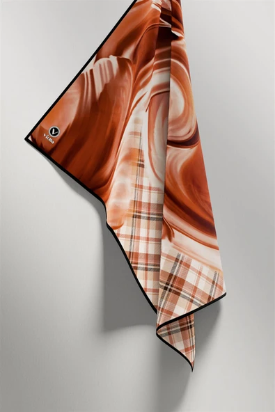 Twill Dalga ve Ekose Desenli Taba Renkli 90x90 Eşarp (İpek İçermez)Kenar Dikiş Şekli El Dikişli - Resim 4