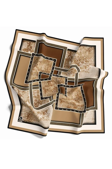 Twill Geometrik Desenli Hardal Renkli 90x90 Eşarp (İpek İçermez) Kenar Dikiş Şekli El Dikişli - Resim 2