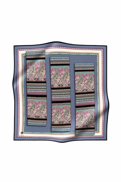 Twill Şal Desenli İndigo Renkli 90x90 Eşarp (İpek İçermez) Kenar Dikiş Şekli El Dikişli - Resim 2